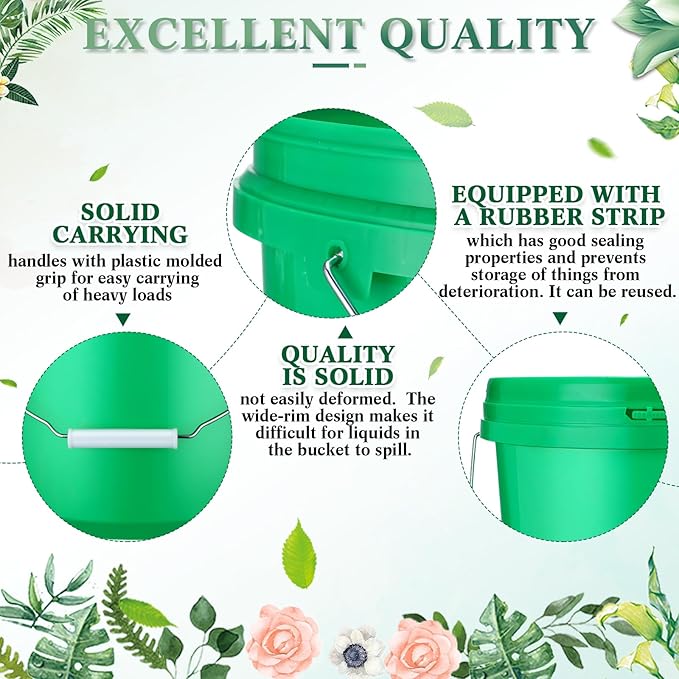 6 Pack 2 Gallon Plastic Bucket with Lid Heavy Duty Pail with Metal Handle Reusable Small Multipurpose Paint Buckets Container for Food Storage(Green)