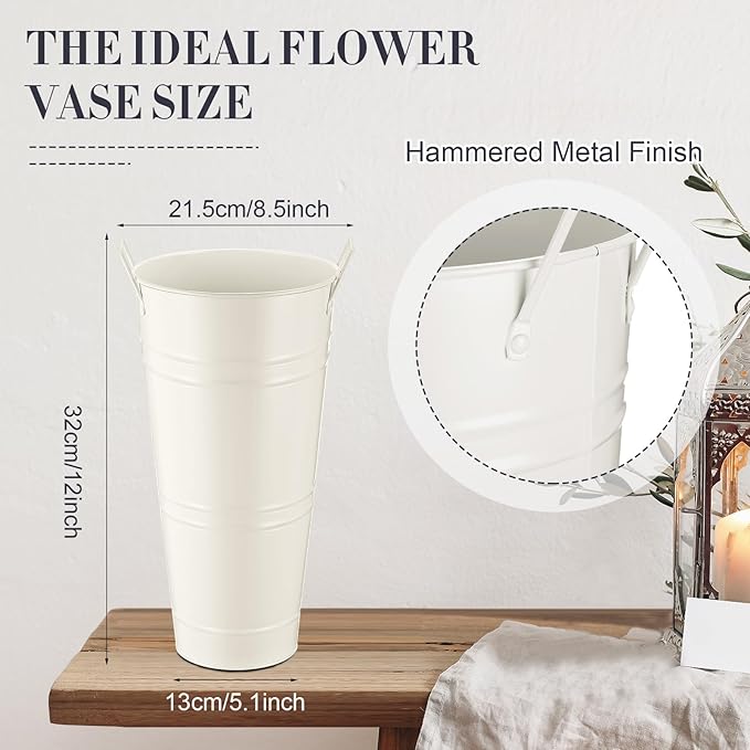 Zhehao 12 PCS 12 Inch Galvanized Metal Vase with Handles Bulk Tin Flower Buckets Galvanized Vases for Flowers Country Wedding Table Centerpieces Metal Flower Buckets for Wedding Home(Creamy White)