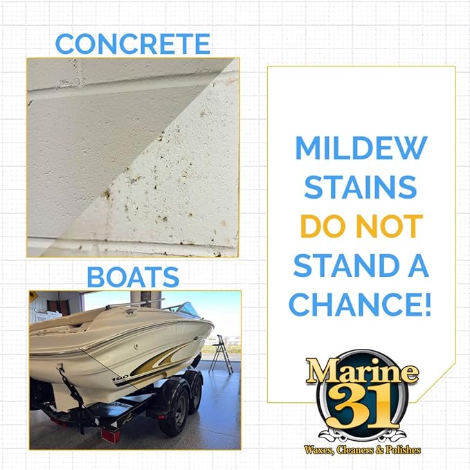 Marine 31 Mildew Stain Remover & Cleaner | Effective for Boats, Home, Patio, & Bathroom | Removes Mildew & Mold Stains | Powerful Cleaning Formula | 16oz