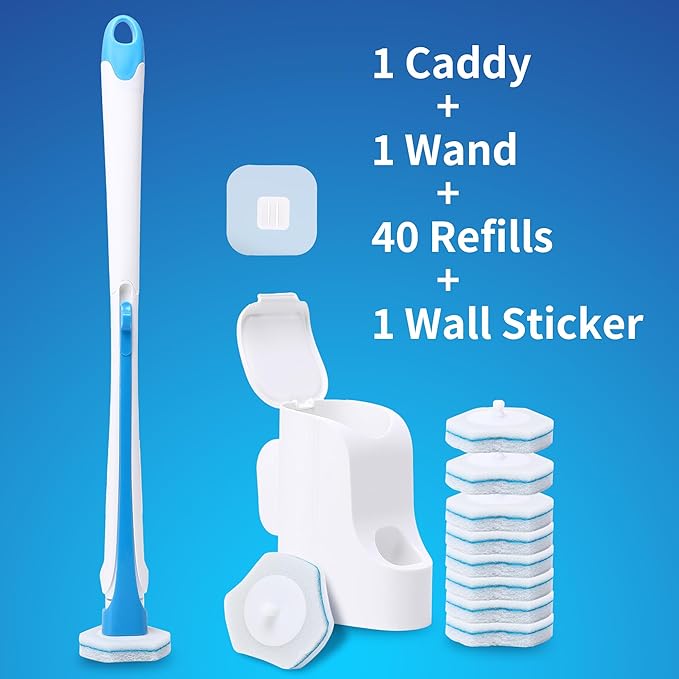 Disposable Toilet Brush with 40PCS Refills, Wall Mounted Compact Bathroom Bowl Wand Cleaning System Long Handle with Storage Caddy