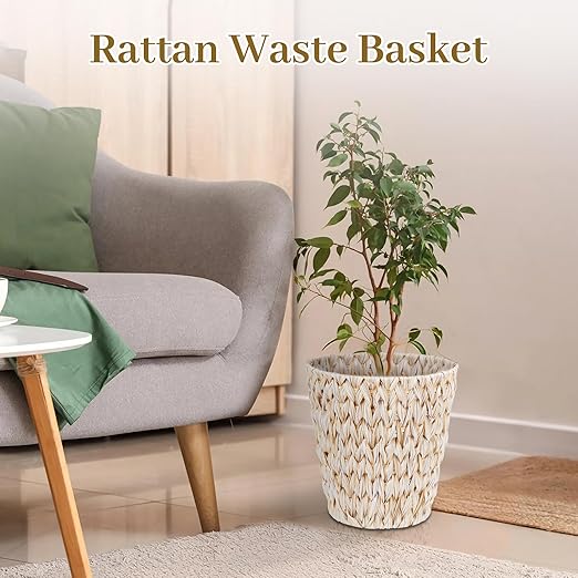 Boho Wicker Trash Can with Lid,Waterproof Bathroom Trash Can Hand Woven Wicker Waste Baskets for Kitchen Office Bedroom