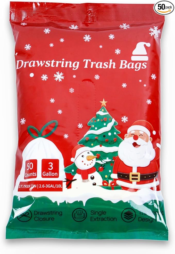 3 Gallon Christmas Drawstring Trash Bags – 50 Count Small Christmas Printed Garbage Bags, Festive Printed Waste Bin Liners, Holiday Christmas Supplies for Bathroom, Party Cleanup, Gold