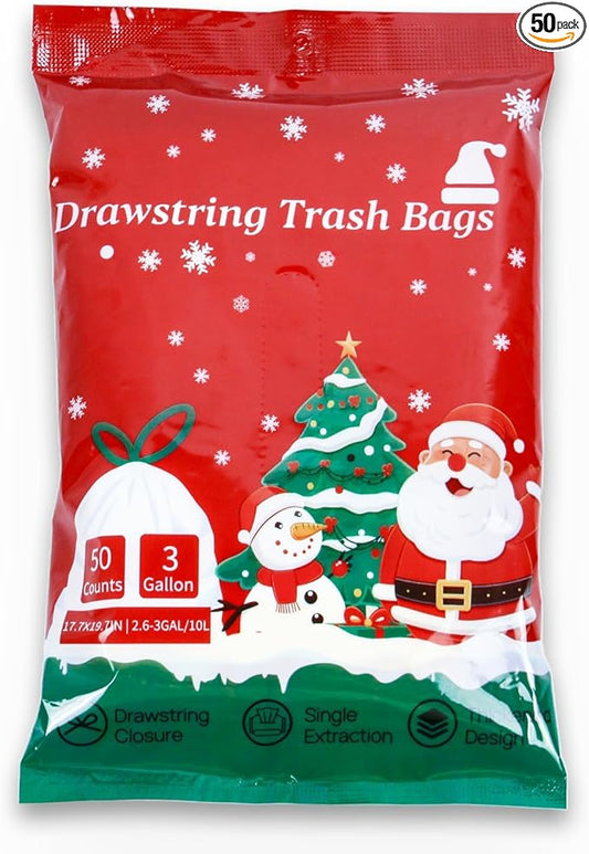 3 Gallon Christmas Drawstring Trash Bags – 50 Count Small Christmas Printed Garbage Bags, Festive Printed Waste Bin Liners, Holiday Christmas Supplies for Bathroom, Party Cleanup, Gold