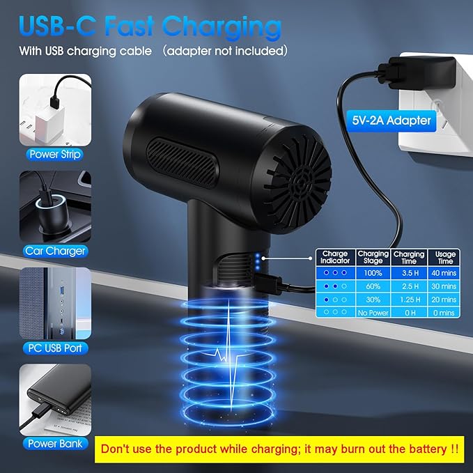 Compressed Air Duster, 100000RPM Handheld Car Vacuum/Air Blower& Pump, 3 Gear Adjustable Electric Air Duster/Car Vacuum Cleaner, Keyboard Duster with LED Light-10 Kits Air Blower for Computer(Black)