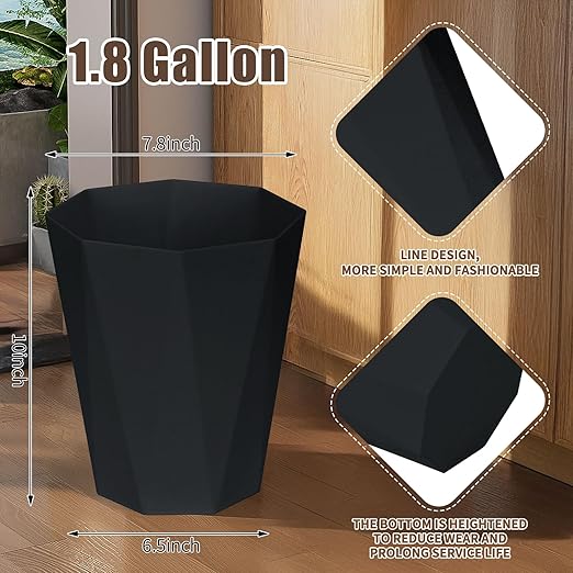 Plastic Trash Can - Waste basketbin for Office,Home,Bathroom,Kitchen - 1.8 Gallon - Black