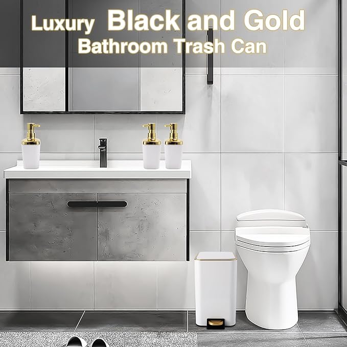 Small Bathroom Trash Can with Lid Soft Close, 1.8 Gallon Stainless Steel Garbage Can with Removable Inner Bucket,3PCS Soap Dispenser,75Count Trash Bag, Slim Step Pedal Trash Bins