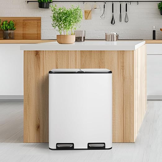 16 Gal (2 x 30 L) Dual Trash Can, Stainless Steel Kitchen Garbage Bin, Recycle Dustbin with Odor Control Box, Soft-Close Lid, Inner Buckets, Side Handle, Step Pedal, for Home Office