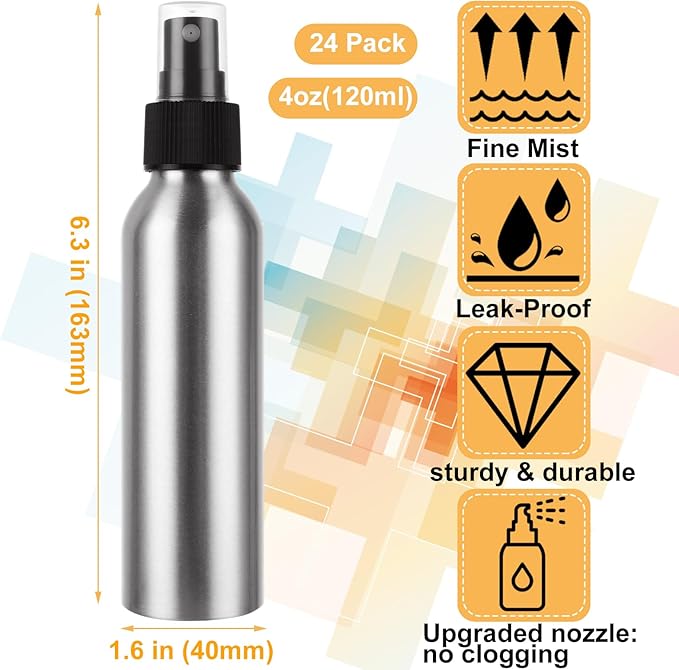APACALI 24PCS Aluminum Spray Bottle 4oz Mini Mist Sprayer Metal Spray Bottle, Empty Spray Bottles, Reusable Bottles Small Spray Bottles for Travel, Cosmetic Perfume, Toner, Face Spray