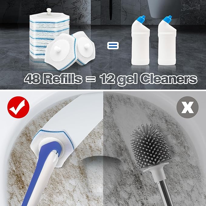 JEHONN Disposable Toilet Brush with 48 Wand Cleaner Refills, Wall Mounted Toilet Bowl Brush Holder Set, Bathroom Cleaning System for Sink Bathtub Wash Basin (Blue)