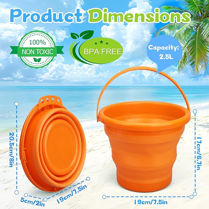Foldable Beach Sand Toy Bucket for Kids Adults, Jumbo Collapsible Sandbox Bucket, Foldable Pail with Mesh Bag, Multi Use for Garden Beach, Camping, Easter Basket Gift, Fishing, Travelling 3PCS