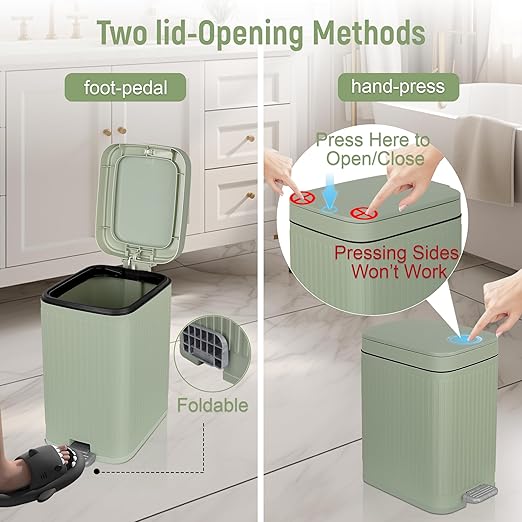 rejomiik Small Bathroom Trash Can with Lid 1.9 Gallon Step Trash Can Slim Garbage Can with Soft-Close Waste Bin for Bathroom, Bedroom, Office, Dorm, RV, Sage Green