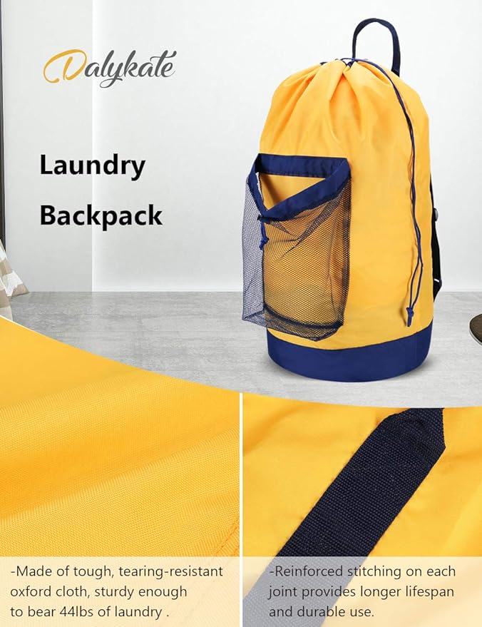Dalykate Backpack Laundry Bag, Laundry Backpack with Shoulder Straps and Mesh Pocket Durable Nylon Clothes Hamper Bag with Drawstring Closure for College, Travel, Laundromat, Apartment