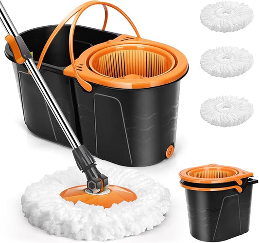 Spin Mop and Bucket with Wringer Set, Double Bucket Separate Dirty Water, 360° Spinning Mop System with 3 Microfiber Mop Heads, Clean Water Mop Set for Floor Cleaning