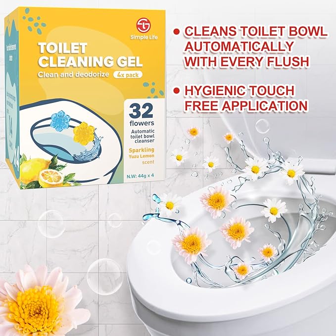 Simple Life Toilet Bowl Cleaner Gel | Fresh Flower Toilet Gel Stamp | Stops Limescale and Stains with Air Freshening Scent | Deodorizing Clean | 64 Stamps, Blue & Yellow