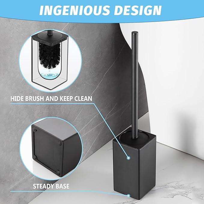 Toilet Brush and Holder Black 2 PCS for Bathroom Storage and Organization,Square Deep Cleaning Black Toilet Brush for Bathroom