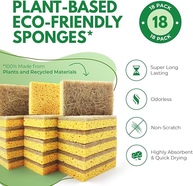 Natural Kitchen Sponges Pack of 18 - Biodegradable Cellulose and Coconut Husk Walnut Scrubbers - Odor Free Non Scratch - Eco Friendly Quick Drying Dishwashing Sponges