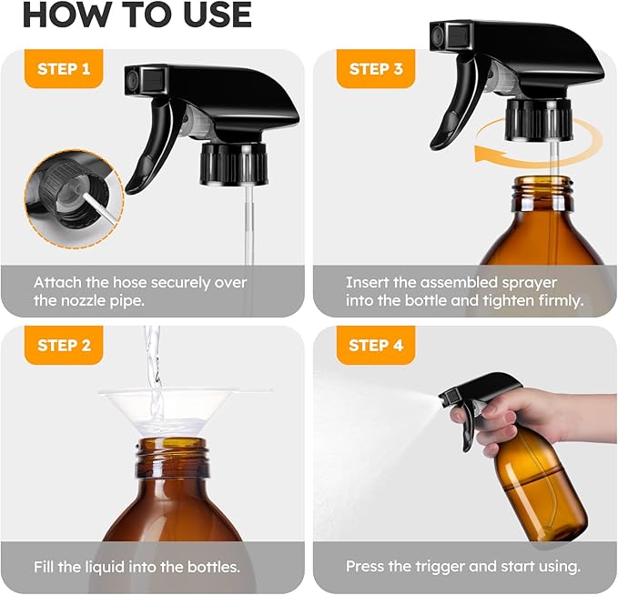 Tecohouse Amber Glass Spray Bottles 8oz, 2 Pack 360° Water Spray Bottle for Cleaning Upside Down Spray Bottles Mister Squirt Bottle with Adjustable Nozzle for Hair, Plant, Pet