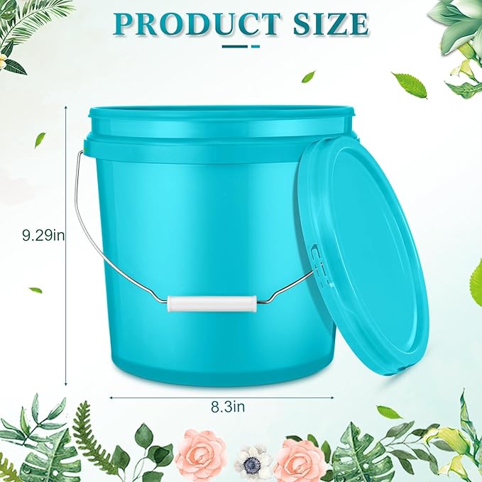 6 Pack 2 Gallon Plastic Bucket with Lid Heavy Duty Pail with Metal Handle Reusable Small Multipurpose Paint Buckets Container for Food Storage(Sky Blue)