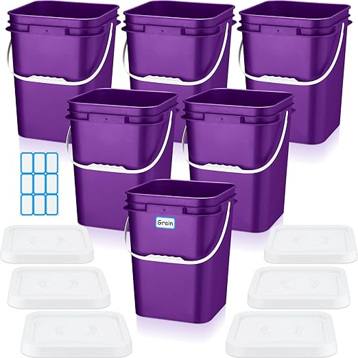 Vesici 6 Pcs 5 Gallon Food Grade Square Buckets with Lids 5 Gal Plastic Food Storage Square Bucket Heavy Duty Industrial Pail Container with DIY Label Stickers Handles for Water Painting(Purple)
