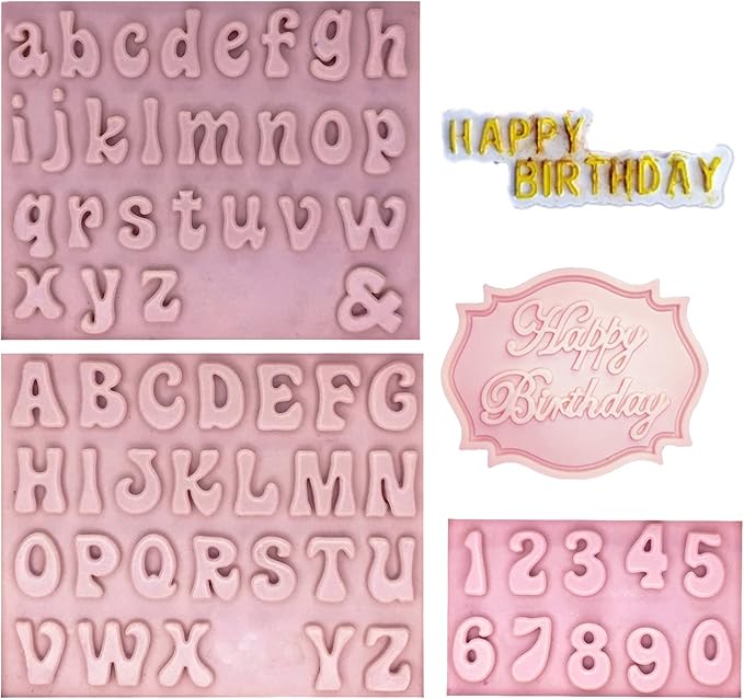 Letter Chocolate Molds, 5 Pack Fondant Letter Silicone Happy Birthday Mold for Cake Decoration Chocolate Covered Strawberries Cupcake Anniversary Party Baby Shower