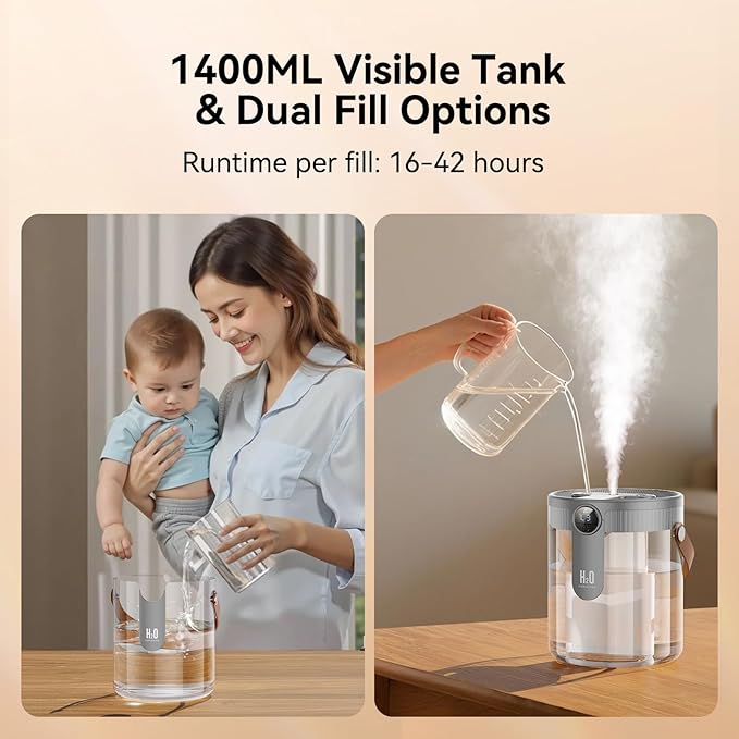 Smart Humidifiers for Bedroom, Rechargeable Top Fill Humidifier with Night Light, 1.4L Cool Mist Humidifier for Office Home Plant and Baby, 3-Speed Mist Control, Quiet, Auto Shut-Off (Grey)