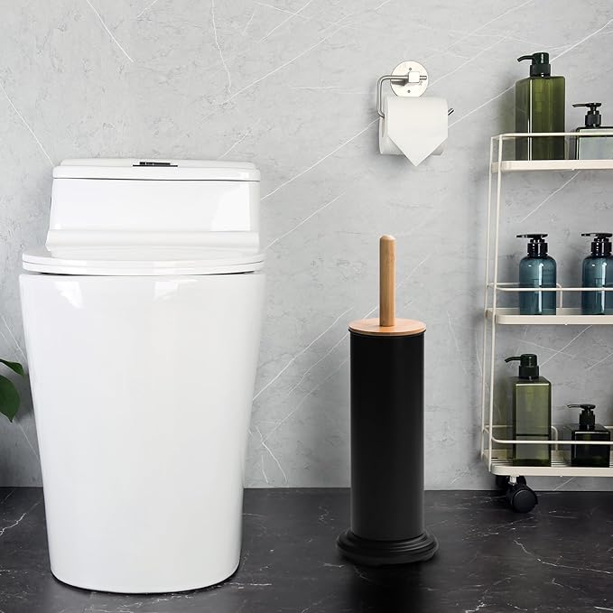 Toilet Bowl Brush and Holder, Toilet Brush with Bamboo Handle and Covered Holder, Dual Brush Options, Weighted Metal Base (Black)