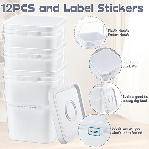 Vesici 12 Pcs 5 Gallon Square Bucket Pail with Plastic Handle and Lid Heavy Duty Storage Food Container with DIY Label Sticker for Food Multipurpose Paint Water Crafts Project (White)