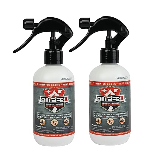 SNiPER II Disinfectant Cleanser and Odor Eliminator, Cleaner for Outdoor Disinfecting Purposes, Use for Hunting, Fishing, and Camping, Made in the USA, 8 Ounce Spray Bottle, 2-Pack