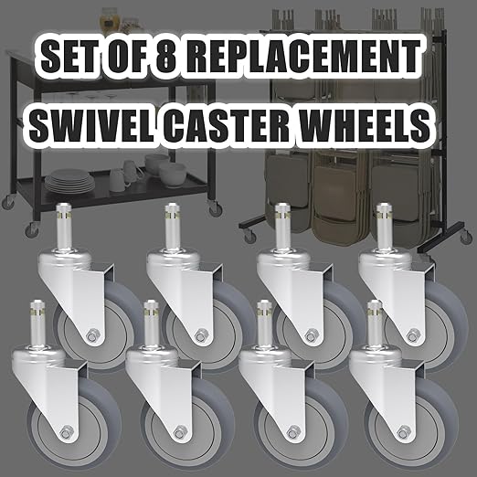3-Inch Swivel Stem Caster, 7/16-Inch Stem Diameter Rubber Wheel, Heavy Duty TPR Replacement Wheels for Rubbermaid Mop Bucket Cart Grill Casters - 8 Pack