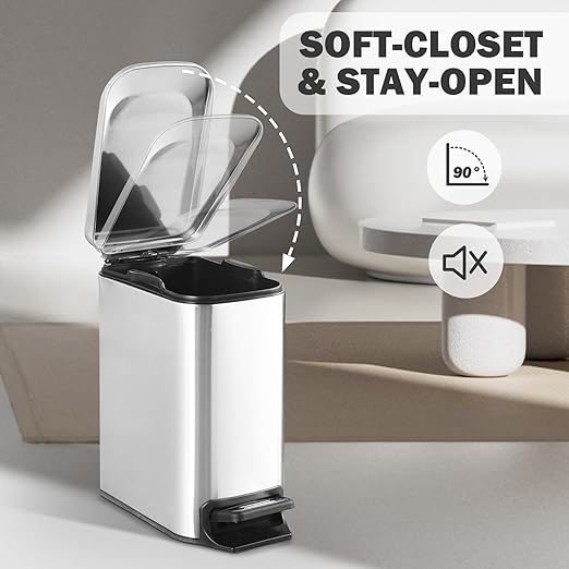 ELPHECO Small Bathroom Trash Can with Lid Soft Close 1.8 Gallon / 6.8 Liter Stainless Steel Garbage Can Slim Step Wastebasket for Bathroom, Office, Bedroom, Silver