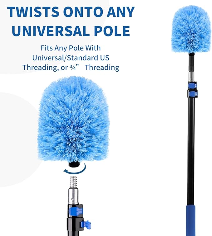4 Pack Screw on Webster Cobweb Duster Head for Pole,Spider Web Remover Brush, Cobweb Duster Head Attachment,Fits Standard 3/4 inch Threaded Poles(Big, Blue)