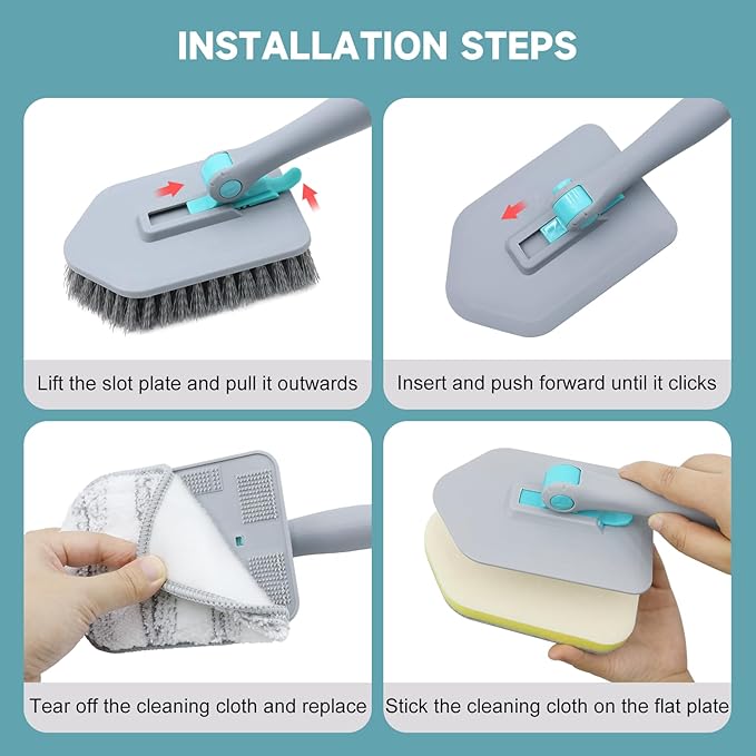 nacena Shower Scrubber with Long Handle, 3 in 1 Tile Tub Scrubber Brush with 3 Detachable Cleaning Heads Adjustable Handle Shower Cleaner Brush for Bathroom, Kitchen, Toilet, Wall, Sink, Black Grey