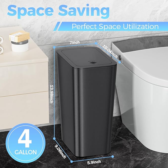 4 Gallon Bathroom Small Trash Can with Lid, 15L Slim Garbage Bin Wastebasket with Pop-Up Lid for Bedroom, Office, Kitchen, Dorm, Fits Under Desk