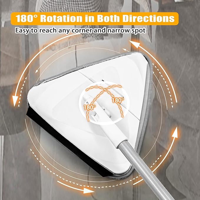 JEHONN Wall Mop with Long Handle 80 inches, Upgraded 180° Collapsible Baseboard Cleaner Tool with Squeegee, Ceiling Duster with 1 Microfiber and 1 Chenille Pad for Cleaning Window, Cabinet (White)