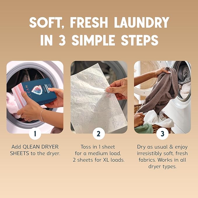 QLEAN Dryer Sheets | Natural Fabric Softener & Removes Static Cling | Vegan Laundry Softener | Soft, Fresh Laundry, Perfect for Clothes and Beddings, Unscented - 120 Loads