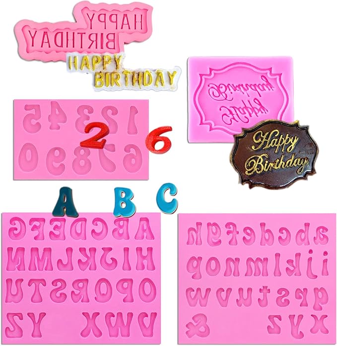 Letter Chocolate Molds, 5 Pack Fondant Letter Silicone Happy Birthday Mold for Cake Decoration Chocolate Covered Strawberries Cupcake Anniversary Party Baby Shower