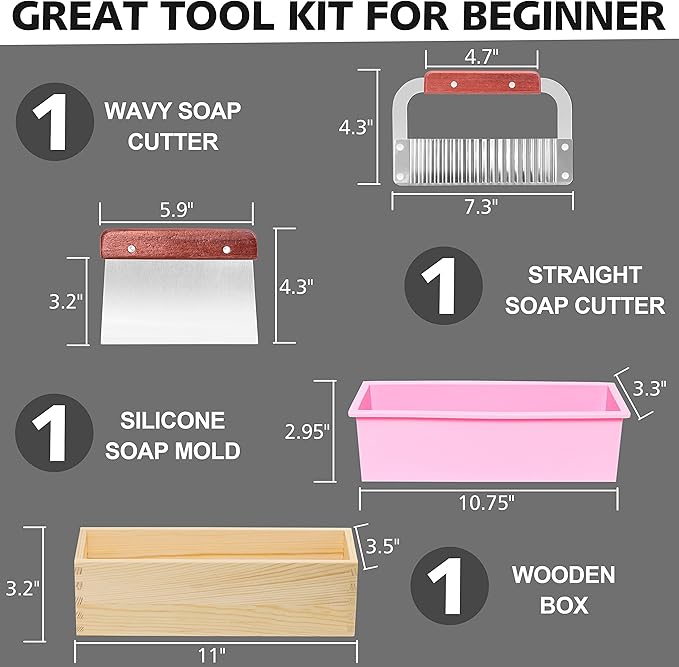 Rectangular Soap Mold Kit with Cutter- 42oz Flexible Silicone Loaf Soap Mold with Wood Box, Stainless Steel Wavy & Straight Scraper for Homemade Craft Soap Making Supplies