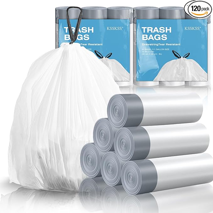 120 Counts 1.6 Gallon Mini Drawstring Trash Bags, Small Garbage Bags by KSSKSS, Code a fit 4.5-8 Liter, 1.2-2 Gal, White Trash Bin Liners for Home Office Kitchen Bathroom Bedroom
