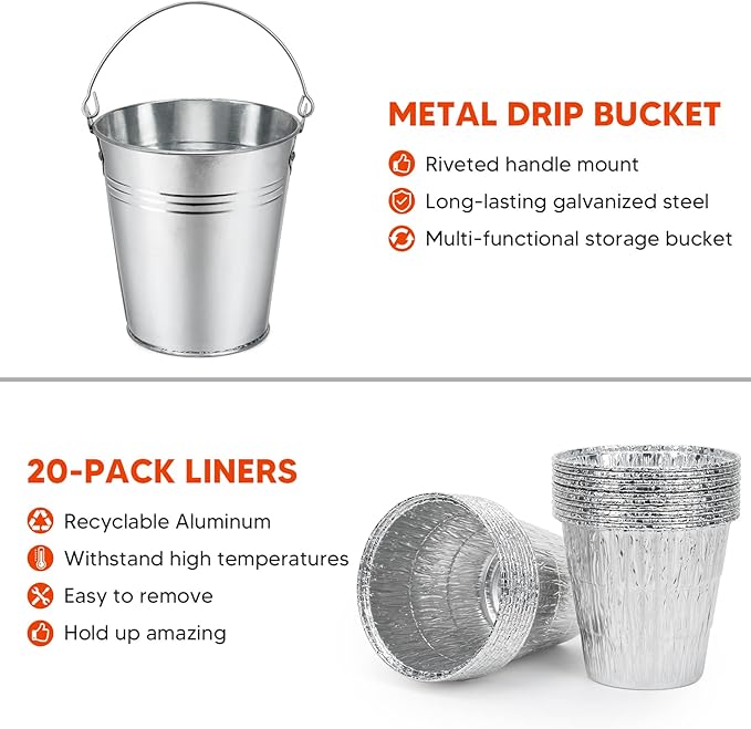 Stanbroil Grill Grease Bucket Replacement with 20-Pack Bucket Liners for Traeger 20/22/34 Series, Pit Boss, Camp Chef, Louisiana, etc Pellet Grill/Smoker, Silver