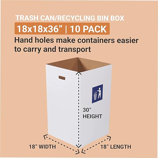 BOX USA Cardboard Trash Cans and Recycling Bins, 40 Gallon 18"L x 18"W x 30"H (10-Pack) Reusable or Disposable Pop Up Garbage Boxes Container for Party, Parties, Recycle, Outdoor Events, Heavy Duty, Waste