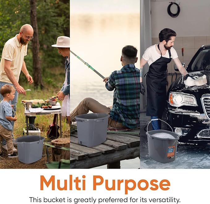 Superio Plastic Bucket with Grip Handle, 16 Liter Large Spout Cleaning Pail Grey, Heavy Duty Bucket Home Floor Mopping, Bath, Car Wash, Bowls for Camping, Fishing, 2 Pack