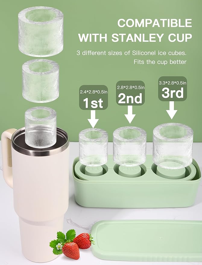 Ice Cube Tray for Tumbler Cup 30Oz-40Oz, 3 Pcs Silicone Cylinder Ice Mold with Lid and Bin for Freezer, Easy Fill and Release Ice Maker for Whiskey, Cocktail BPA-Free