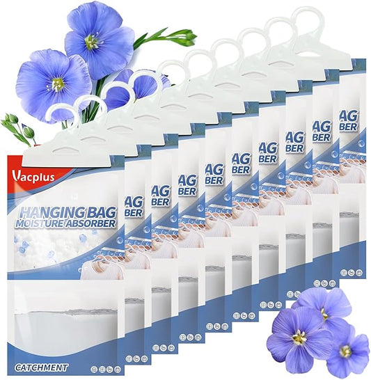 Vacplus Moisture Absorbers, Hanging Closet Dehumidifier Bags, Humidity Packs, Desiccant, Closet Dehumidifiers with Linen Fragrance, 10 Pack, 9.8 OZ