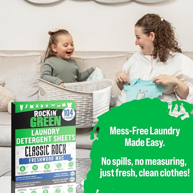 Rockin' Green Travel Laundry Detergent Sheets - Mess-Free Laundry Sheets Detergent Powerful Cleaning with Sodium Bicarbonate - Easily Dissolvable Laundry Soap Sheet (104 Loads, Freshwood Mac)