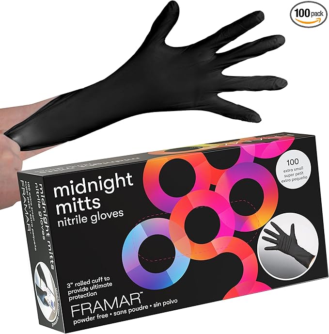 FRAMAR Black Gloves Disposable Latex Free – Extra Small Nitrile Gloves Black, For Hair Dye, Tattoo Supplies, Cleaning, Mechanic – Extra Durable & Resistant – 12 Inches Long – 100 Pack