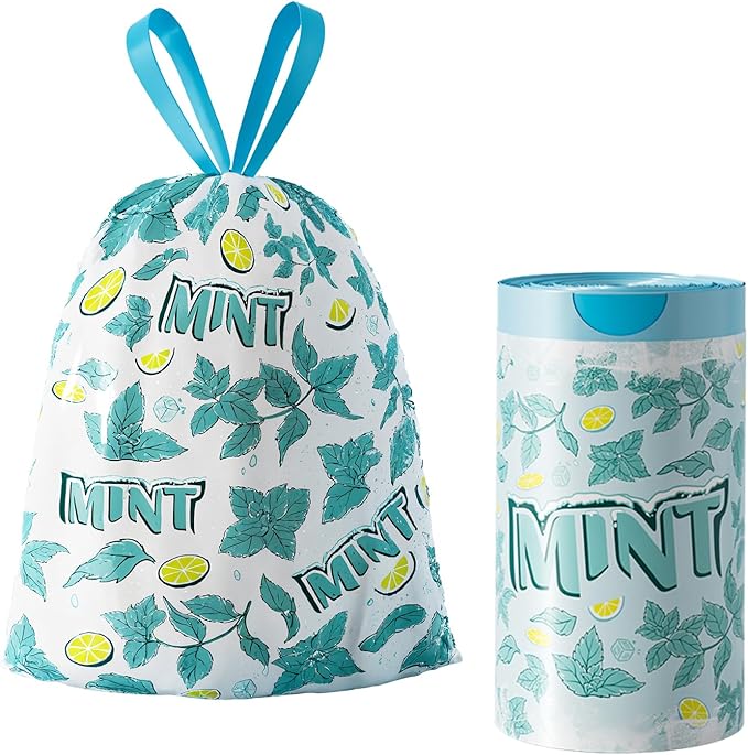 13 Gallon Trash Bags Drawstring, 50 Count Tall Kitchen Trash Bags, Sturdy Large Trash Bags, Lemon & Mint Printed Garbage Bags 13 Gallon Tall Kitchen, Tear Resistant Kitchen Garbage Bags for Kitchen