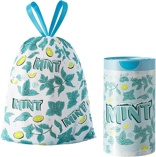 13 Gallon Trash Bags Drawstring, 50 Count Tall Kitchen Trash Bags, Sturdy Large Trash Bags, Lemon & Mint Printed Garbage Bags 13 Gallon Tall Kitchen, Tear Resistant Kitchen Garbage Bags for Kitchen