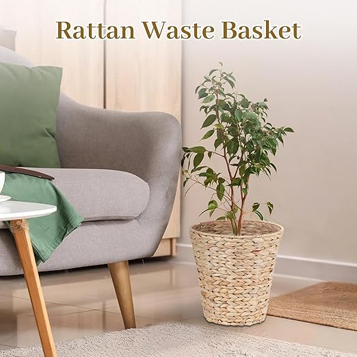 Boho Wicker Trash Can with Lid,Waterproof Bathroom Trash Can Hand Woven Wicker Waste Baskets for Kitchen Office Bedroom