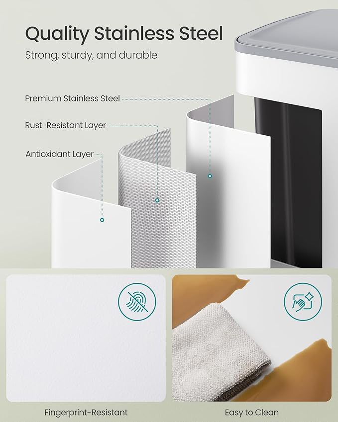 SONGMICS Trash Can, 2 x 8 Gallon (2 x 30 L) Dual-Compartment Garbage Can with Soft-Close Lid, Pedal and Inner Buckets, Stainless Steel, Includes 15 Liner Bags, Matte White ULTB741W01