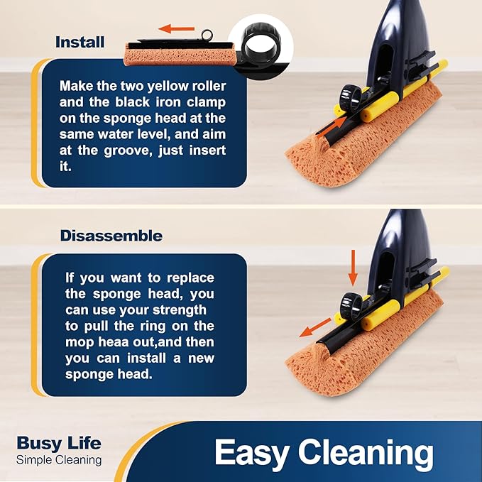 Yocada Sponge Mop Home Commercial Use Tile Floor Bathroom Garage Cleaning Total 3 Sponge Heads Squeegee and Extendable Telescopic Long Handle 42.5 to 52 Inches Easily Dry Wringing Only 3 Heads